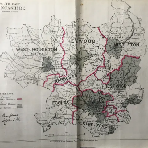 Antique 139 Years-Old Scarce Map  Lancashire Bury Bolton Salford 1885 Boundary Changes.