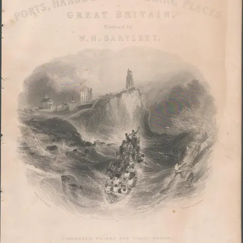 Tynemouth Light House Antique 1842 Steel Engraving.