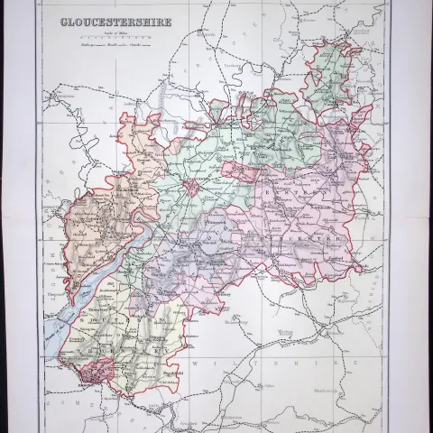 Gloucestershire Detailed 1894 Coloured Antique  130 Years-Old Map.