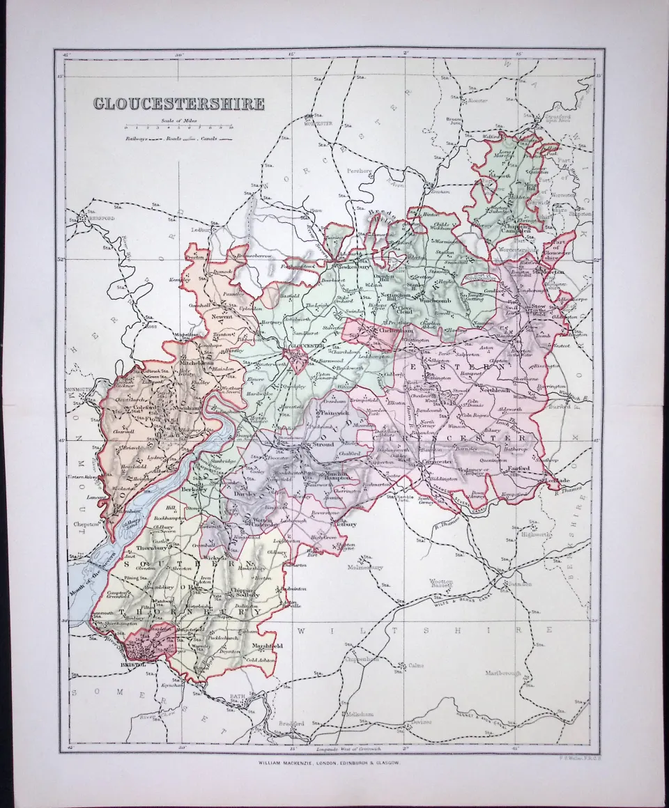 Gloucestershire Detailed 1894 Coloured Antique  130 Years-Old Map.