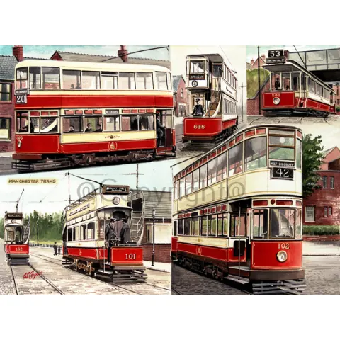 Manchester Vintage Trams Montage Nostalgic Transport Of The Past Metal Wall Art