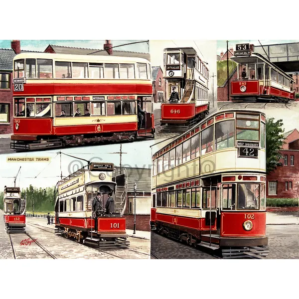 Manchester Vintage Trams Montage Nostalgic Transport Of The Past Metal Wall Art