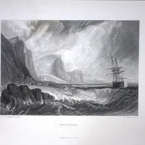 J.M.W Turner Bridport Dorset from the Sea Antique Steel Engraving-103-TR