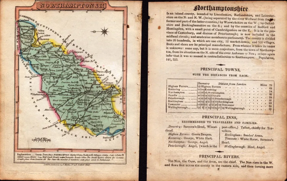 Northamptonshire Engraved Hand Coloured George IV Map & Text.