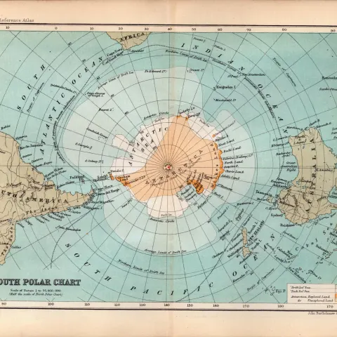 South Polar Chart Double Sided Antique Coloured 1896 Victorian Map.