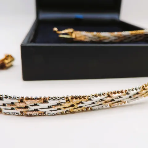 Vintage Italian Gold on Sterling Sterling Tri-Colour Riccio Bracelet with Gift Box