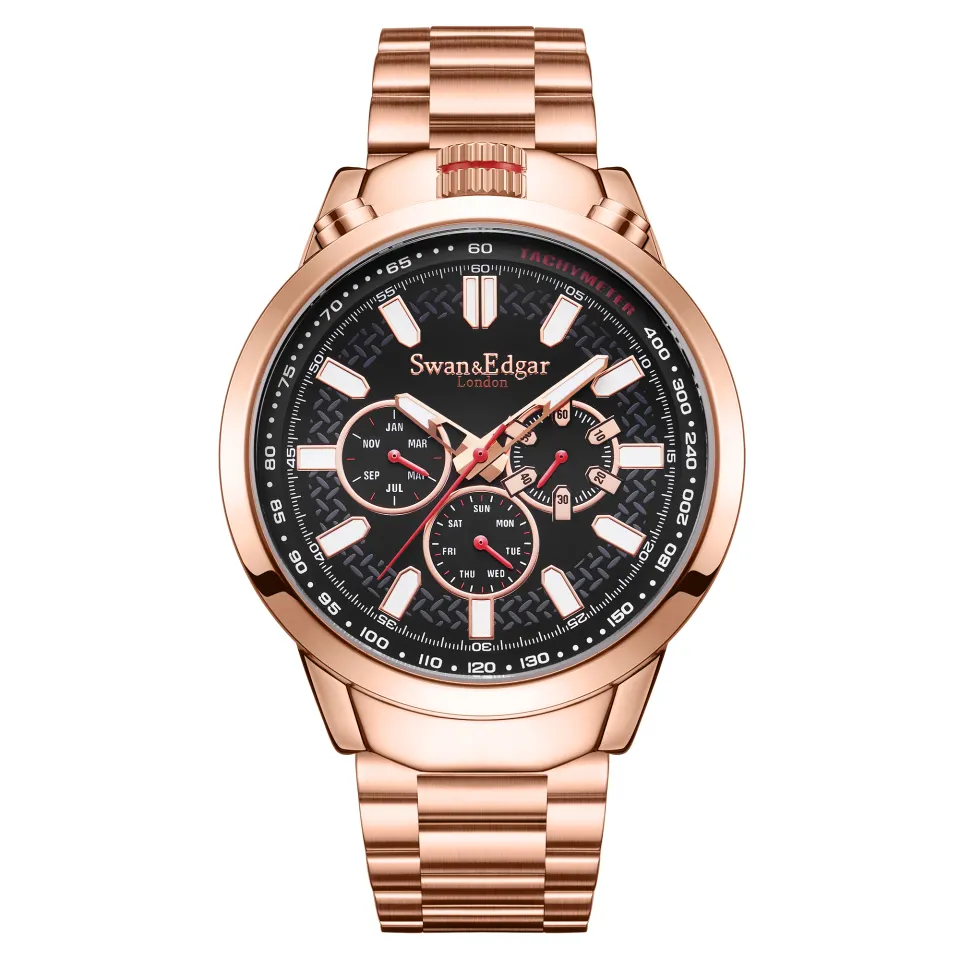 Swan & Edgar Hand Assembled Cockpit Automatic Rose Black Watch - FREE DELIVERY & 5 YEAR WARRANTY