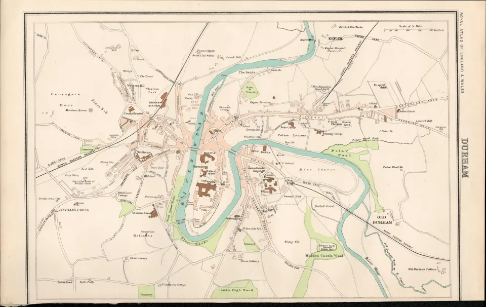 Victorian Map Durham City, Cathedral, Castle, Prison, Assize Court.