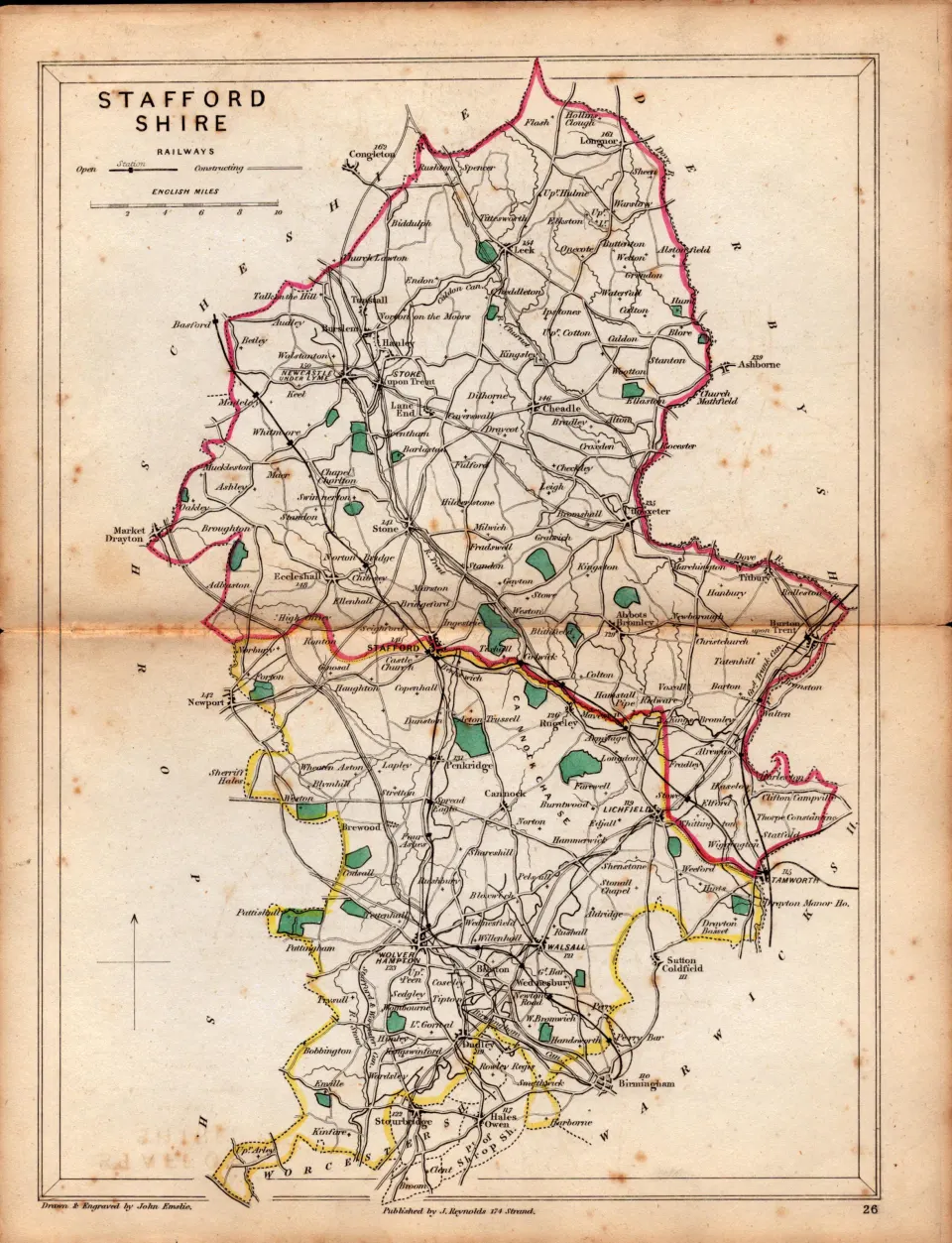 Antique Railway Map of Staffordshire Drawn & Engraved by John Emslie.