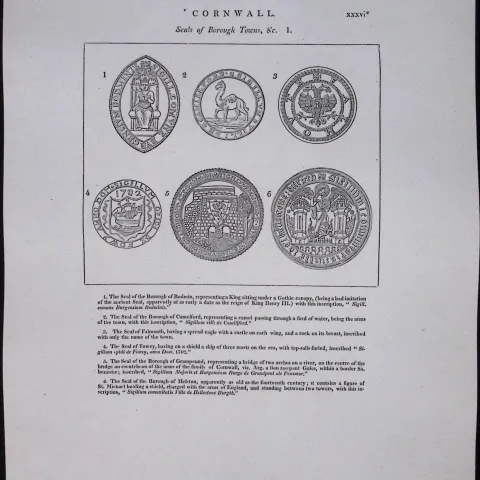 Cornwall Seals of Borough Towns Rare 211 Year-Old Antique Copper Plate Etching 1.