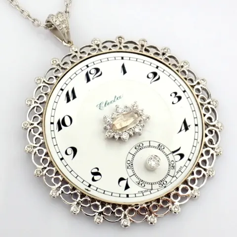 An Exquisite Necklace Made of Gold and Silver, Featuring An Antique Watch Dial Adorned With Diamonds
