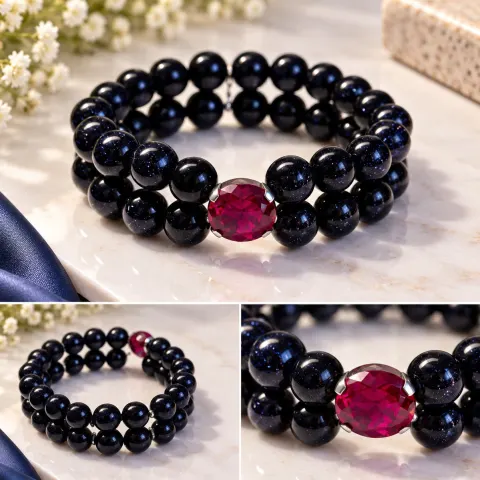 Double Strand Black Bead Bracelet with Red Faceted Centre Stone