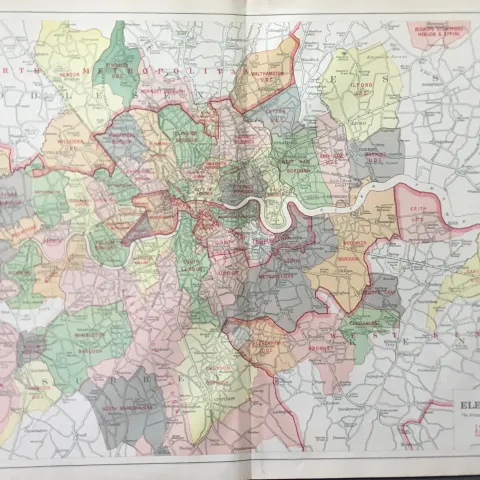 Bacons Rare Vintage London Suburbs London Districts Electric Supply Map.