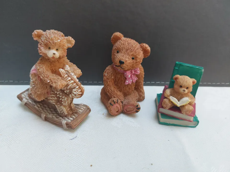 3 x teddy ornaments, rocking horse bear, book bear