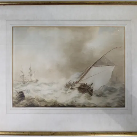 19th c. Dutch Seascape Watercolour Painting by Martinus Schouman