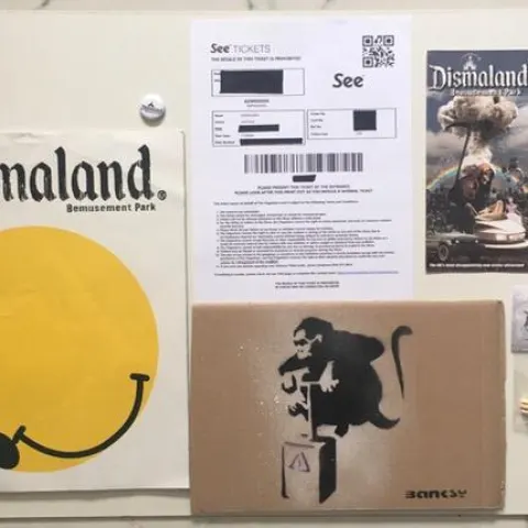Six WSM Banksy Dismaland Bemusement Park Souvenirs including found Banksy ‘free art’ 2015