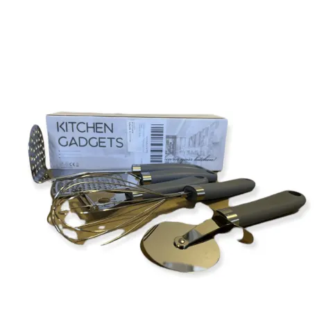 BRAND NEW GREY 5 PIECE KITCHEN UTENSIL SETS INCLUDING PIZZA CUTTER, GRATER, WHISK, PEELER AND MASHER