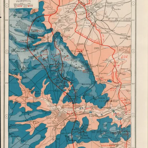 WW1 Western Front Lens & Arras Coloured Antique Map 1922.