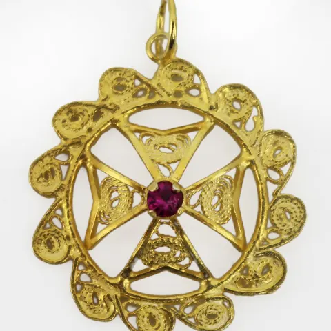 Maltese Filigree Silver Gilt Pendant with Pink Gemstone