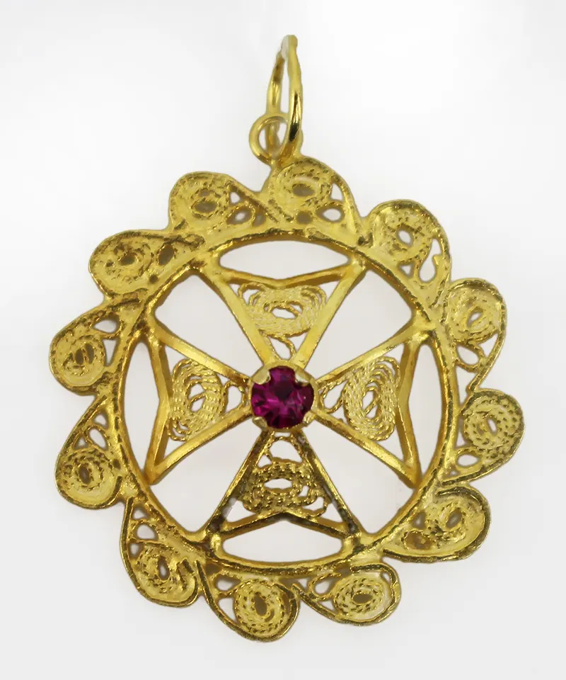 Maltese Filigree Silver Gilt Pendant with Pink Gemstone