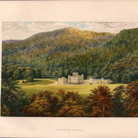 Taymouth Castle Highlands of Scotland Gilt-Edge Coloured Antique Book Plate.