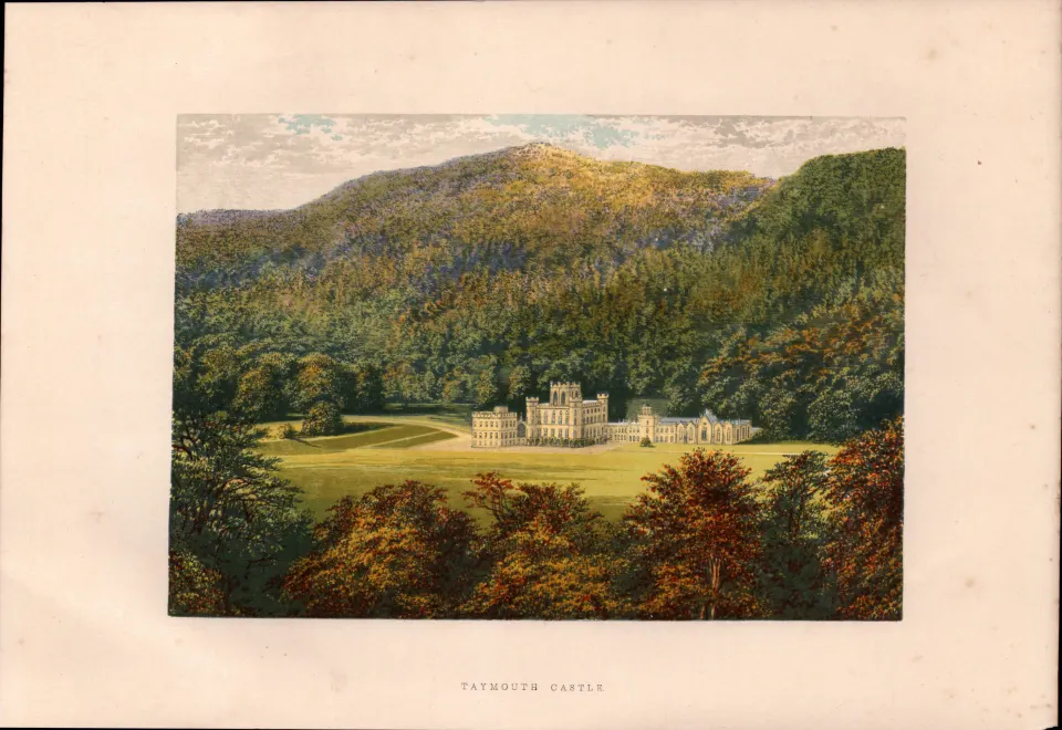 Taymouth Castle Highlands of Scotland Gilt-Edge Coloured Antique Book Plate.