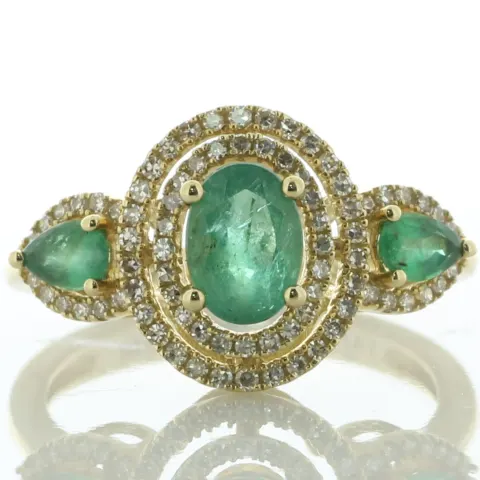 14ct Yellow Gold Oval Emerald Halo and Shoulders Diamond Ring (E1.10) 0.35 Carats