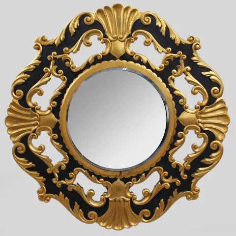Black & Gold Decorative Carved Wood Circular Mirror