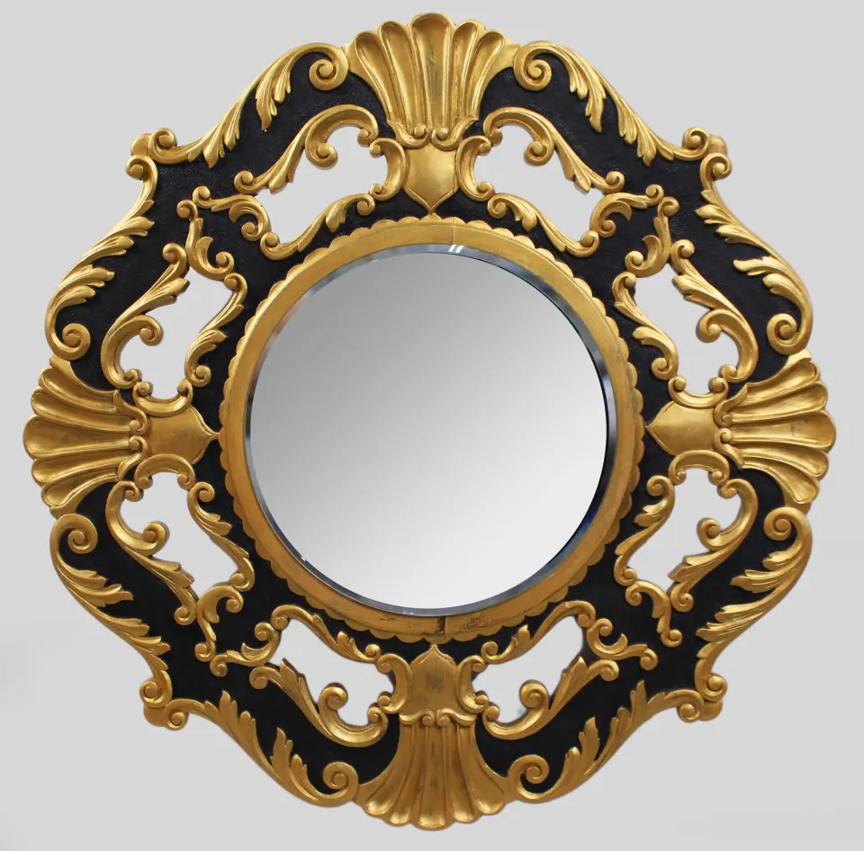 Black & Gold Decorative Carved Wood Circular Mirror