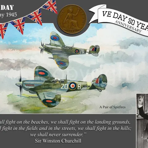 VE Day 80th Anniversary Designed Metal Art Coin Display  Spitfires On Patrol