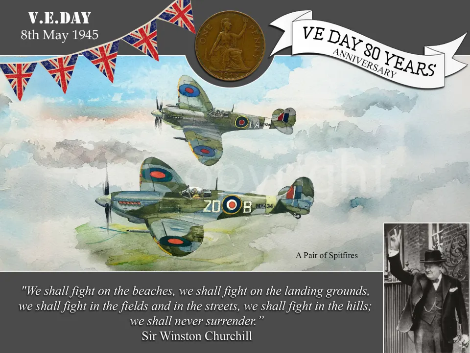 VE Day 80th Anniversary Designed Metal Art Coin Display  Spitfires On Patrol
