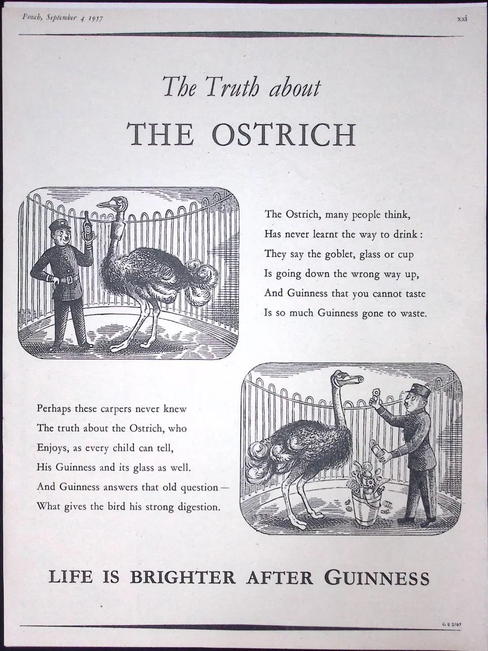 Guinness 68 Years-Old Advert 1957 The Ostrich Print: G.E.2787.