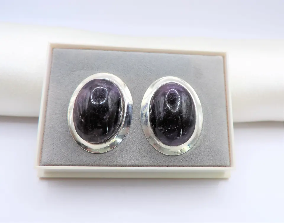 Silver Cabochon Amethyst Earrings New in Box