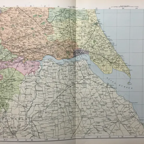 Coloured Antique Large Map Yorkshire South East  GW Bacon 1904