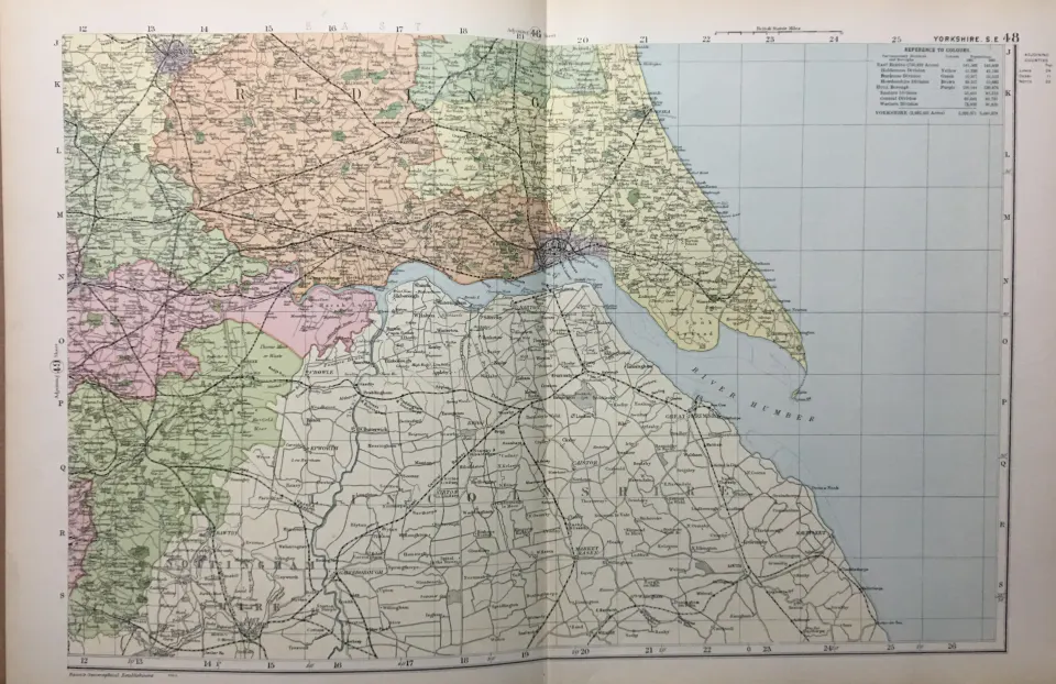 Coloured Antique Large Map Yorkshire South East  GW Bacon 1904