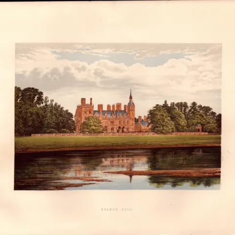 Kelham Hall Nottinghamshire Gilt-Edge Coloured Antique Book Plate.