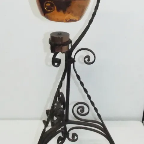Antique Copper Spirit Kettle on Wrought Iron Stand