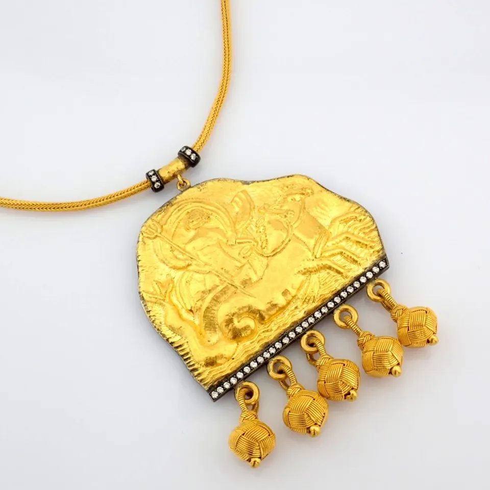 A Mythological Scene Intricately Engraved In 24K Gold, Adorned With Silver Accents and Sparkling Dia
