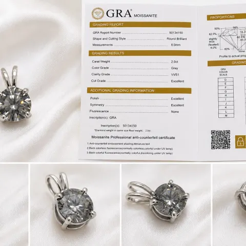 2.00ct Grey Moissanite Pendant – Round Brilliant – GRA Certificate