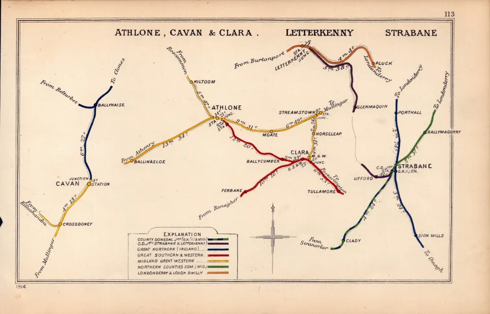 Athlone Cavan Letterkenny Strabane Ireland Antique Junctions Railway Diagram-113.