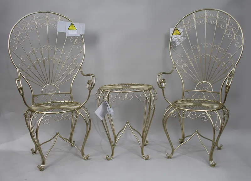 Pair of Contemporary Gold Metal Conservatory Chairs & Table