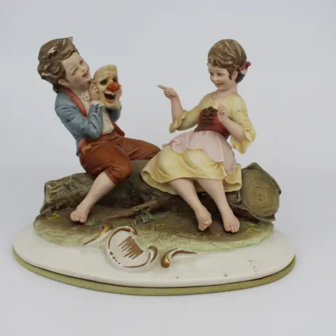 Capodimonte Figurine Girl & Boy with Clown Mask by Merli
