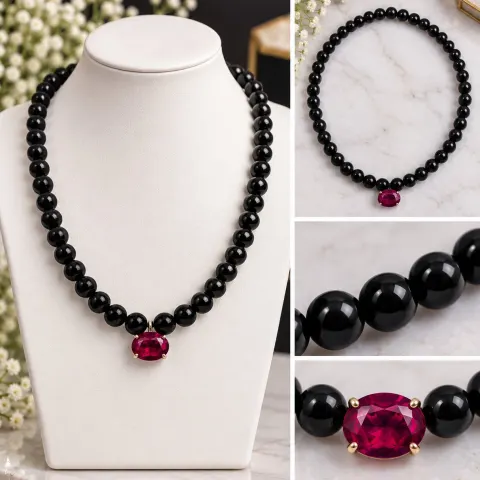 Black Beaded Necklace with Red Gemstone Centrepiece