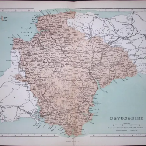 Devonshire 150 Years-Old 1875 Coloured Detailed Antique 1875 Map-47