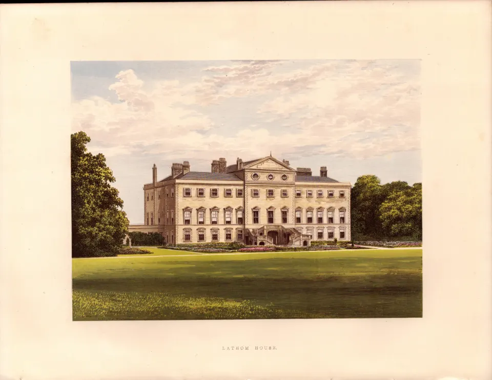 Lathom Hall Ormskirk Lancashire Gilt-Edge Coloured Antique Book Plate.