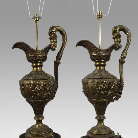 Pair of Large 19th Century French Brass Ewer-Form Table Lamps