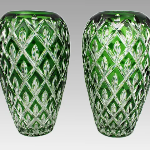 Pair of Royal Brierley Green Overlay Cut Crystal Vases