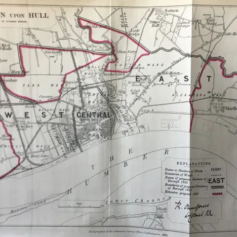 Antique 139 Years-Old Scarce Map Kingston Upon Hull 1885 Boundary Changes.