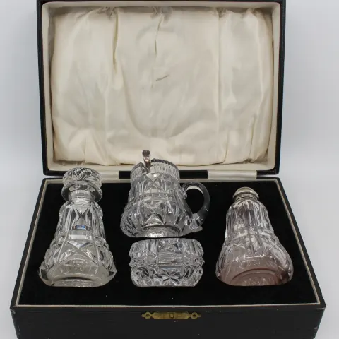 Cased John Walsh Crystal & Silver Cruet Set 1925