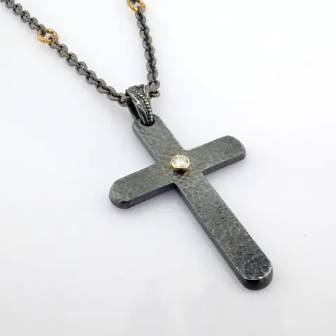 Cross Necklace Detailed With Brilliant Diamonds and 18K Gold On Silver
